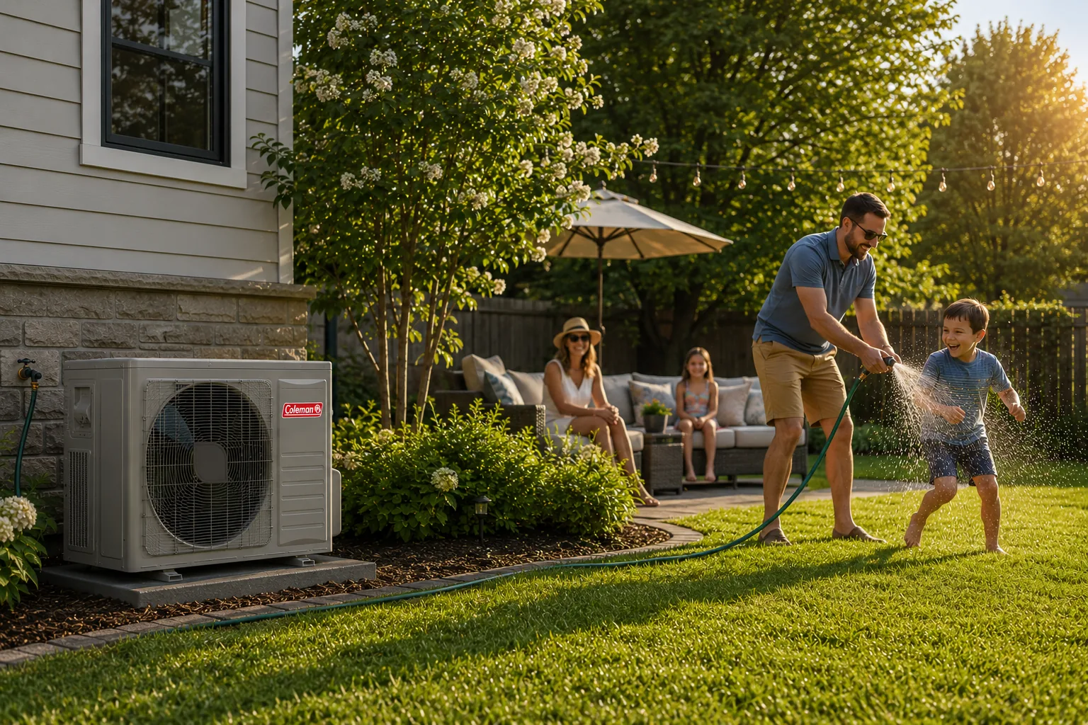 Family having fun in their backyard with their Coleman Air Conditioner on the side of the house